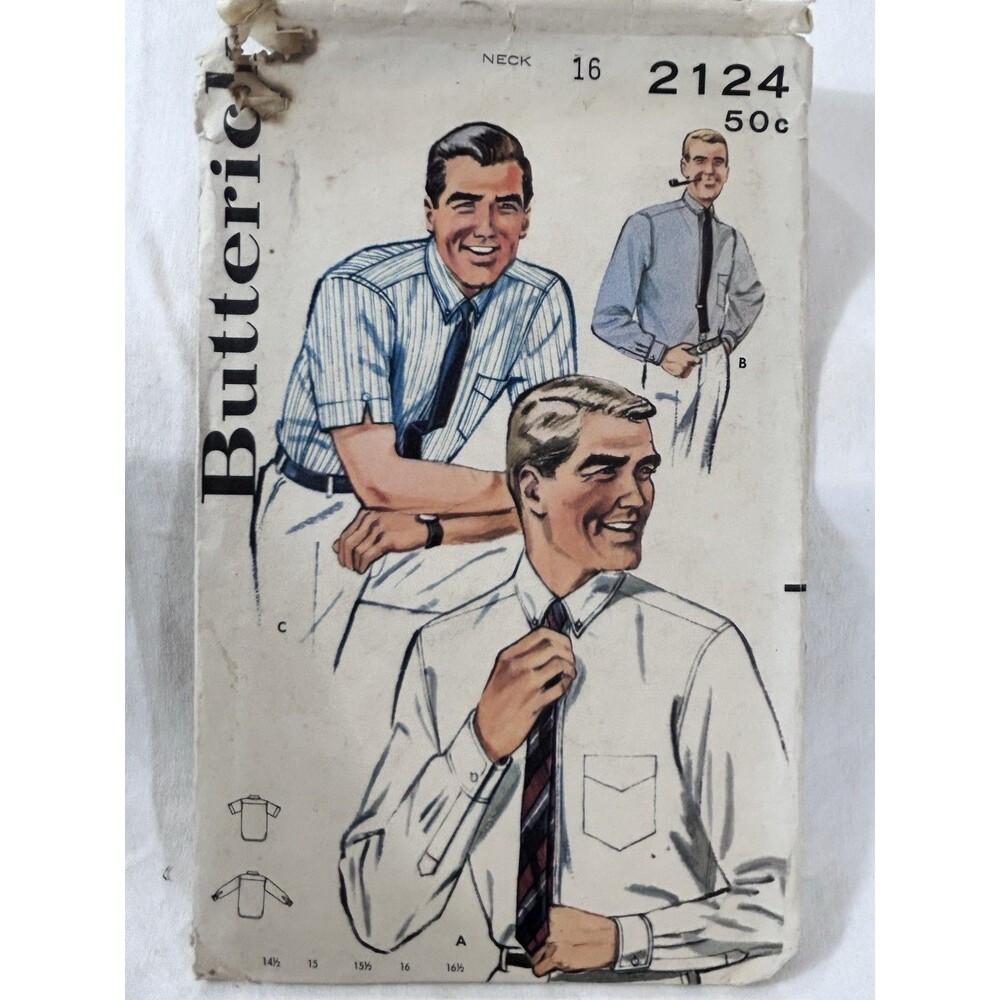 Vintage Butterick 2124 Men's Dress Shirt Button Down Pattern Sz 16 Neck CUT